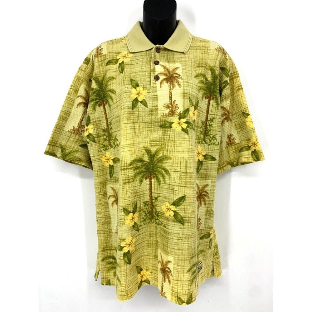 Tommy Bahama Men Hawaiian Shirt Medium M Yellow Tropical Collar Polo Pullover